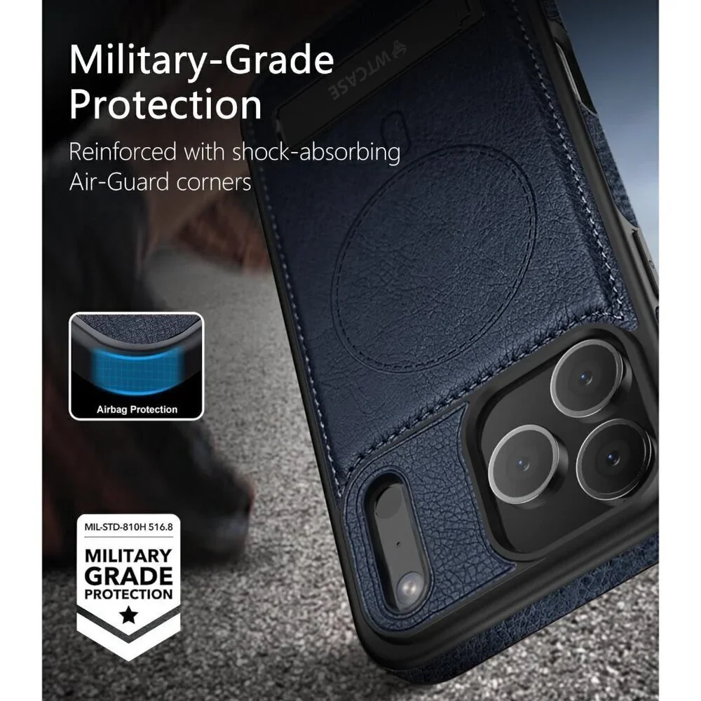 Blue Iphone 17 Pro Max Invisible Stand Protective Slim Kickstand Leather Case